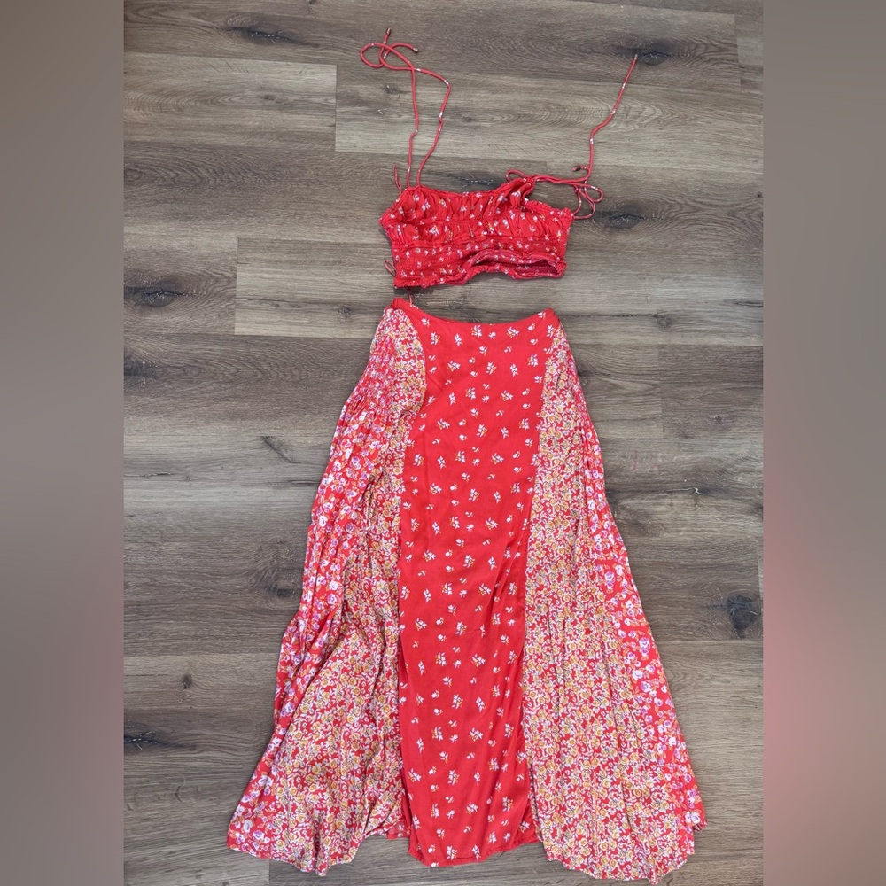Free People Red Floral Two-Piece Skirt Set